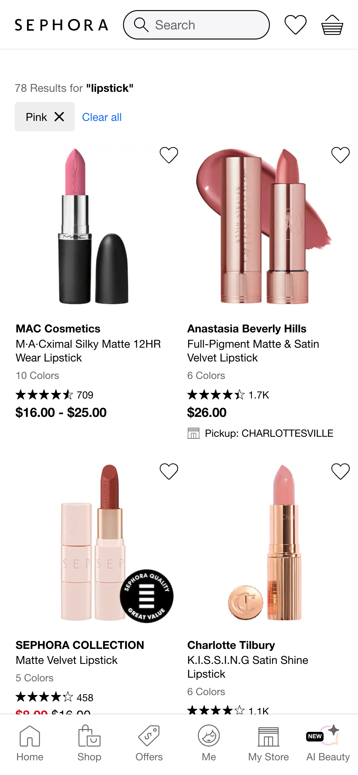 Sephora search results filtered by Pink, showing 78 results of widely varying shades