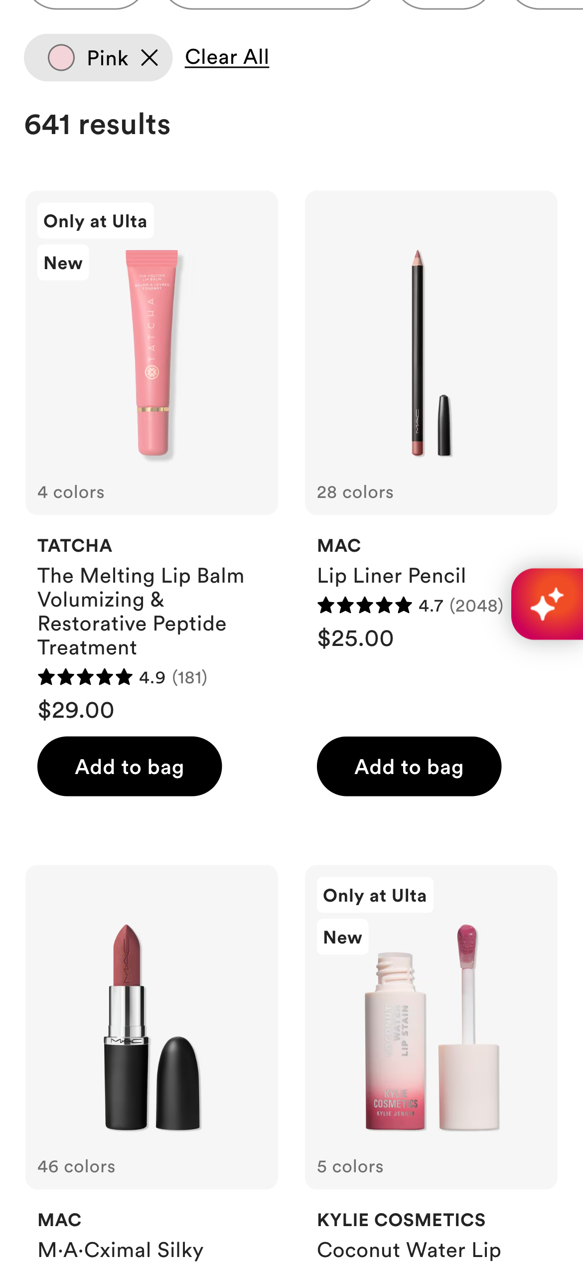 Ulta lip products filtered by Pink, showing 641 results including balms and liners