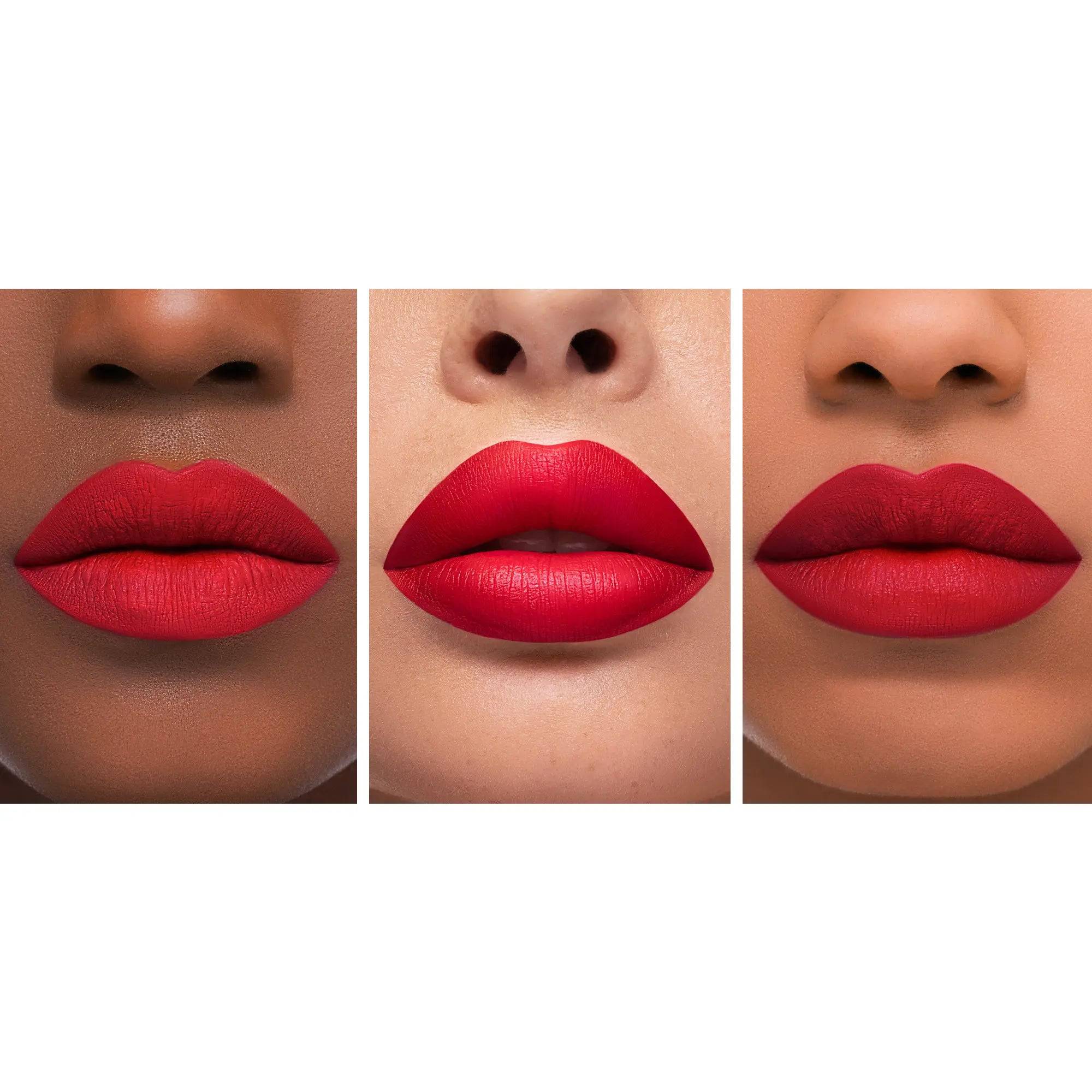 Natasha Denona Gigi red lipstick worn on three skin tones