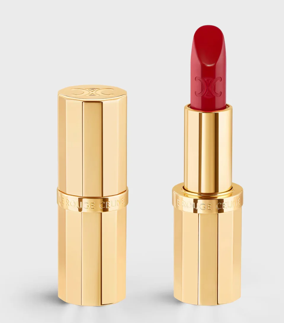 Celine 01 Rouge Triomphe red satin lipstick in a gold faceted refillable case