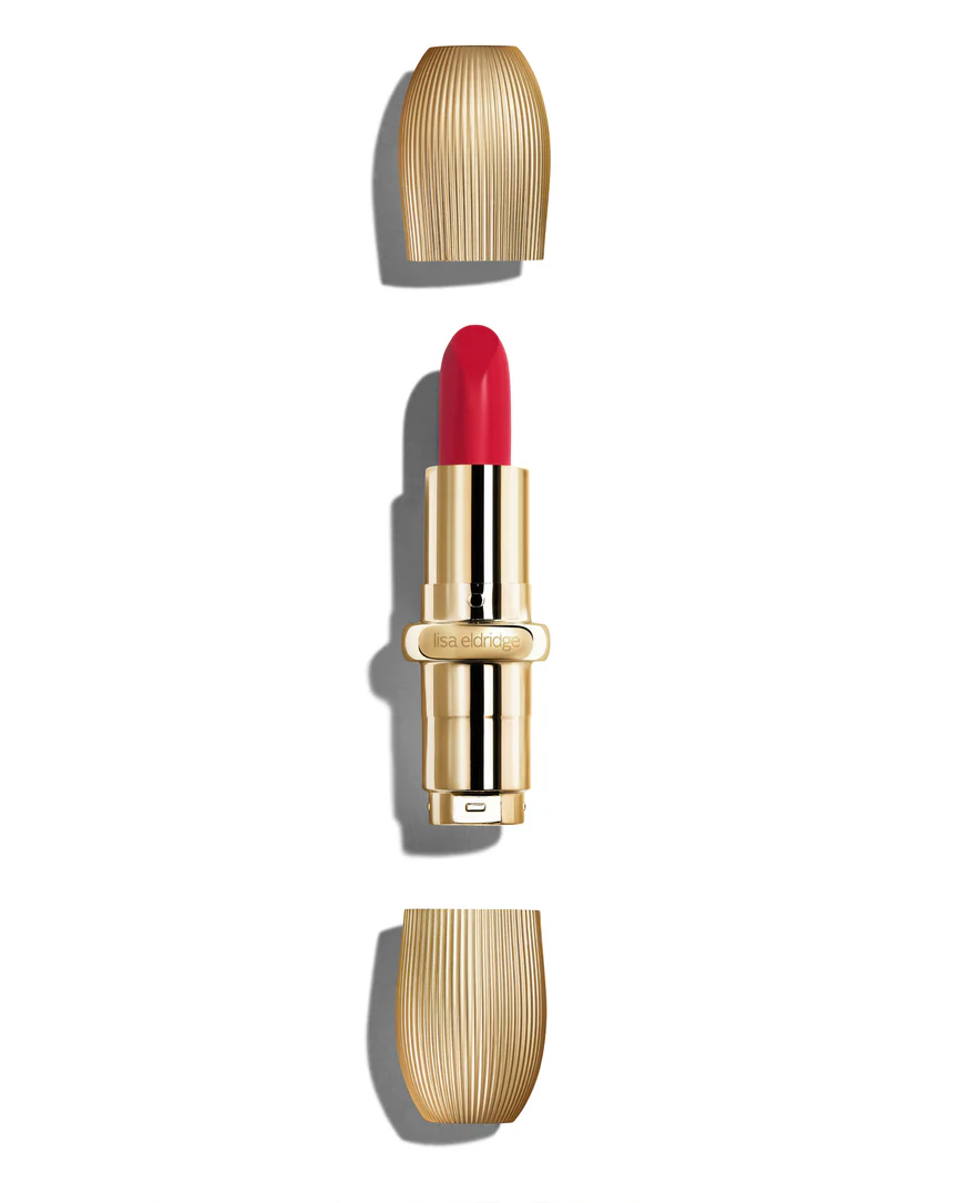 Lisa Eldridge Amagansett red lipstick in a ribbed gold refillable aluminum case