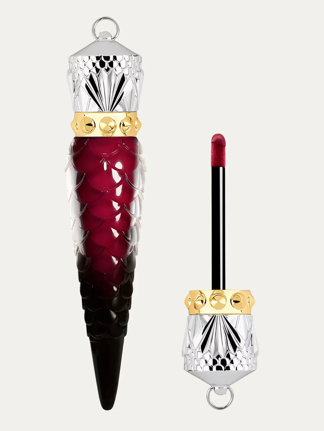 Christian Louboutin Matte Fluid Multimiss liquid lipstick in a silver and red scale-textured bottle