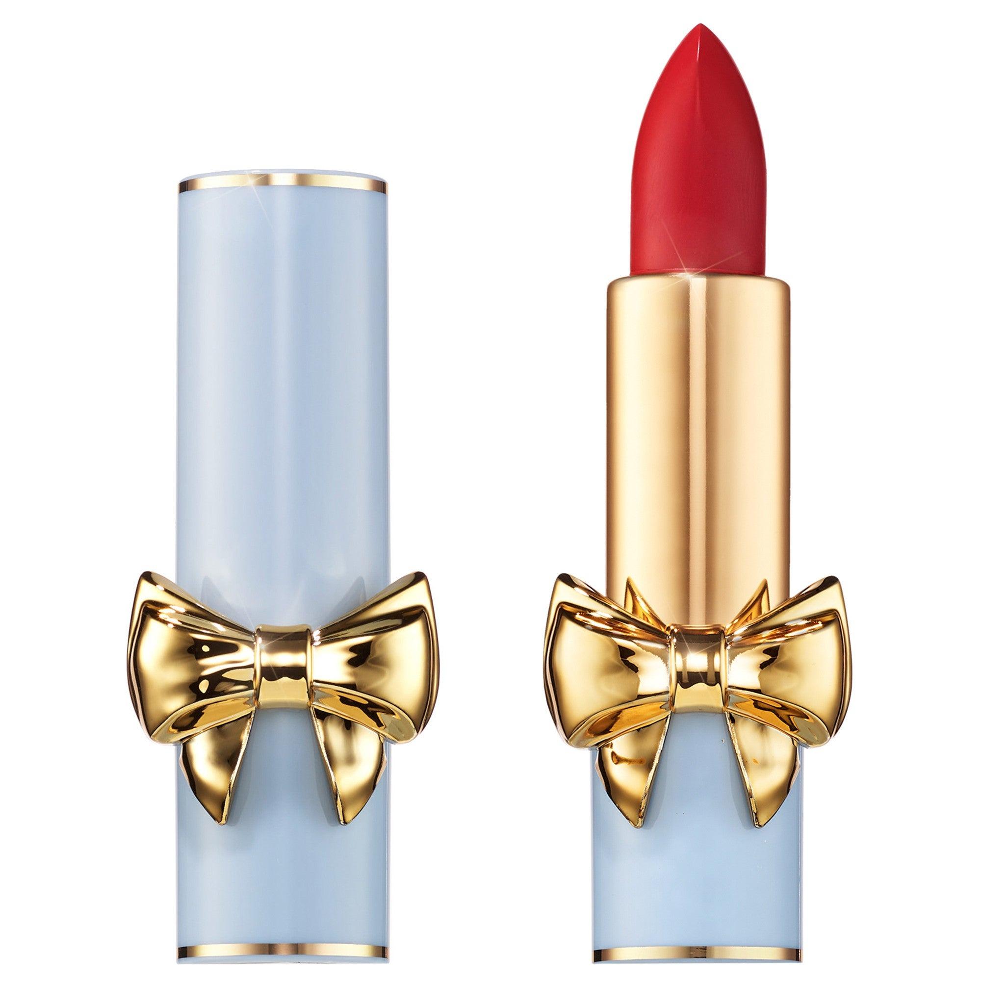 Pat McGrath Labs SatinAllure Elson 5 red lipstick in a pale blue case with a gold bow