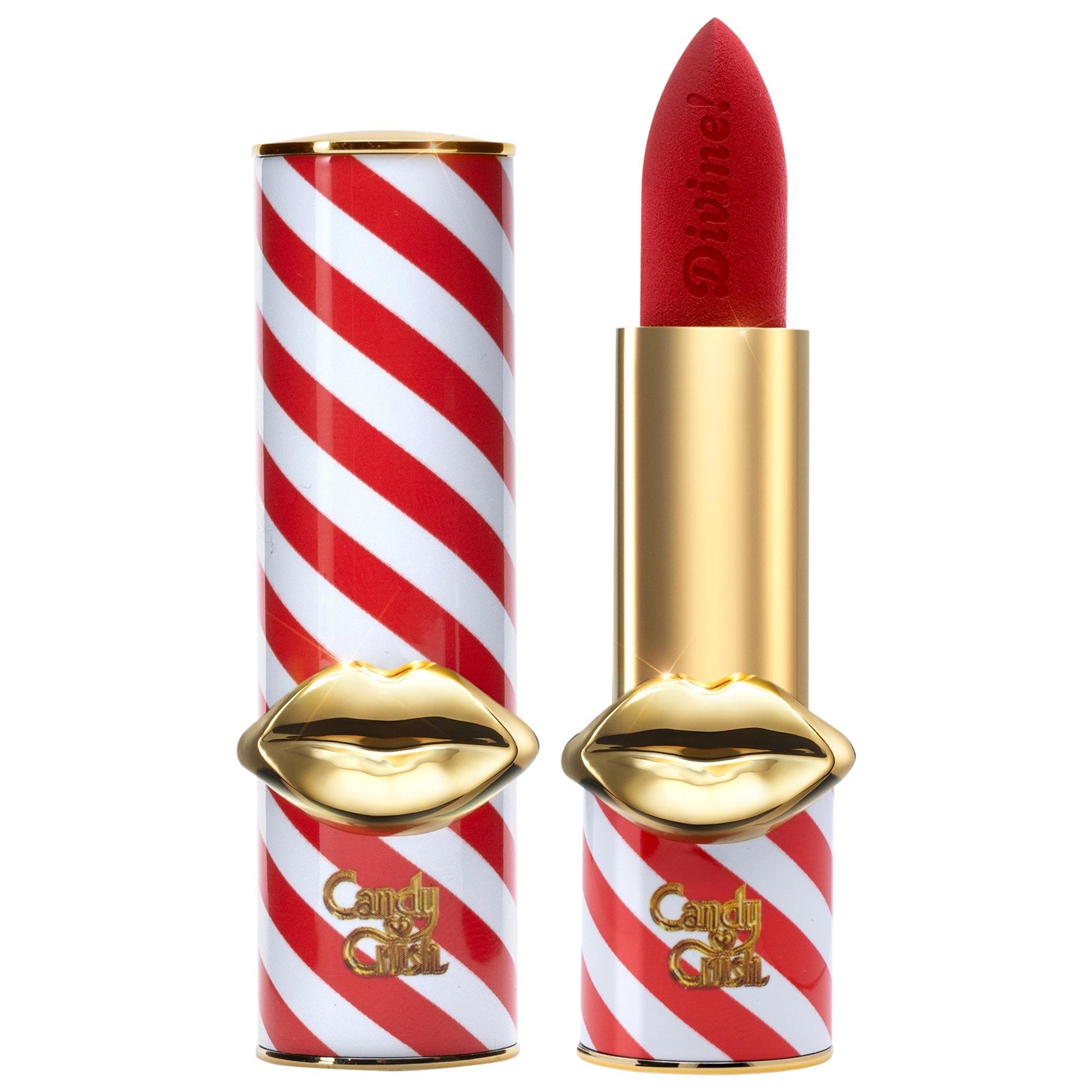 Pat McGrath Labs Elson red lipstick in a candy-cane striped Candy Crush case with gold lips