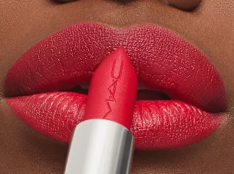 MAC Ruby Woo red lipstick on light skin